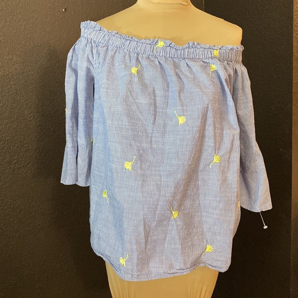 Casual Collection by F & F blue white pinstripe embroidered off shoulder blouse - Picture 2 of 6